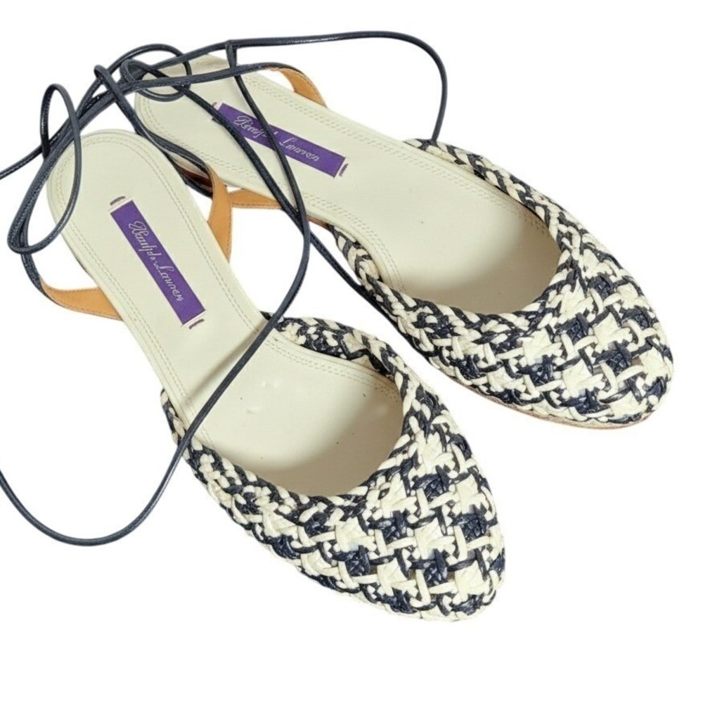 Ralph Lauren Purple Label Woven Leather Lace Up Ankle Wrap Flats Sandals 37.5